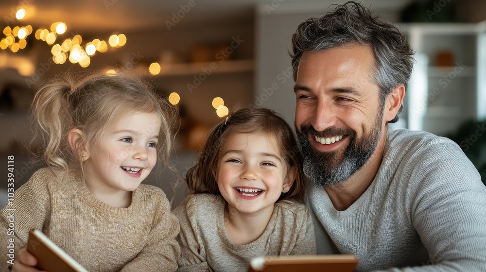 A delighted father is enjoying time reading with his two daughters at home. This tender moment showcases shared love and learning in a harmonious environment. A delighted father is enjoying time reading with his two daughters at home. This tender moment showcases shared love and learning in a harmonious environment.