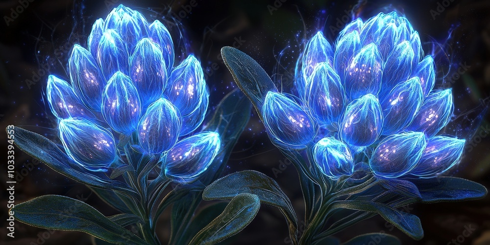Naklejka premium Glowing Blue Flowers with Shimmering Light Effects Night Bloom Photography