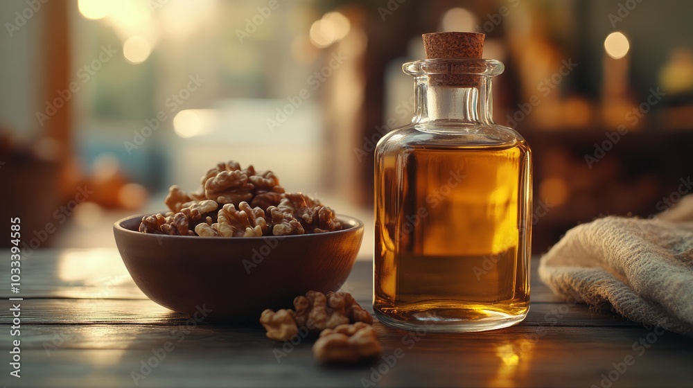 A small bowl of walnut kernels sits next to a bottle of walnut oil on a rustic wooden table. A small bowl of walnut kernels sits next to a bottle of walnut oil on a rustic wooden table.