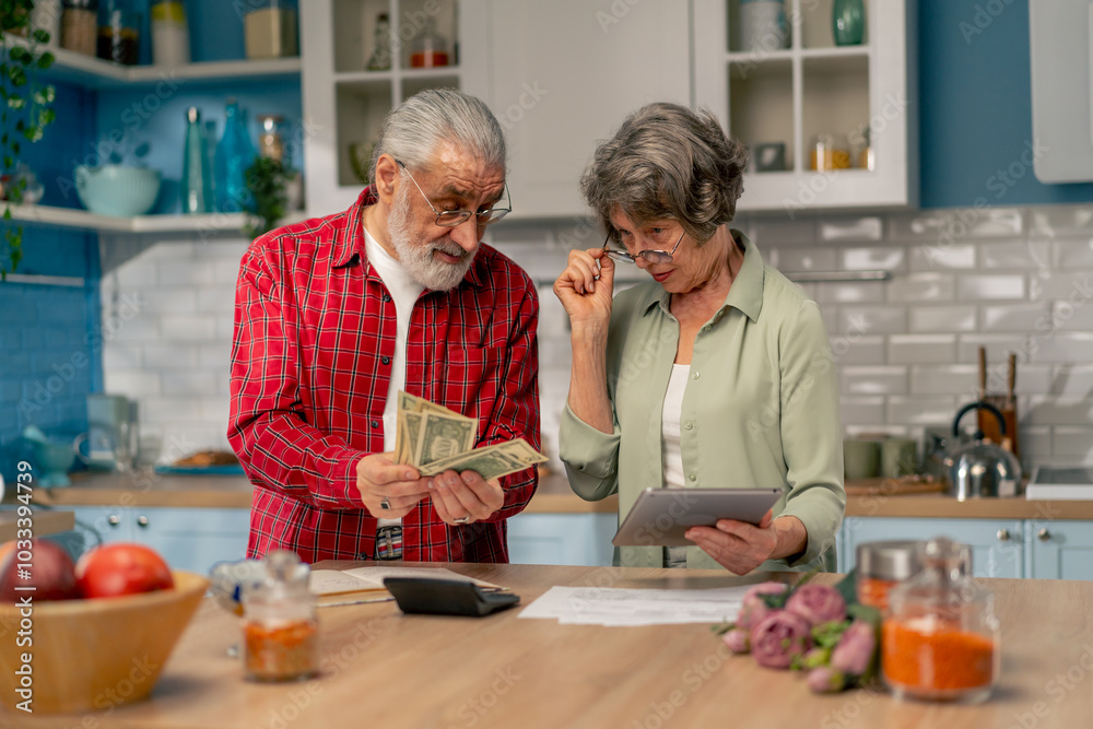 in a bright kitchen an elderly cute couple at the table count their expenses monthly payment utility bills count money smiling checking on tablet laughing