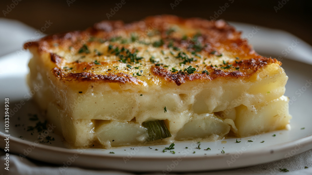 Close-up of a delicious potato gratin on a white plate. Close-up of a delicious potato gratin on a white plate.