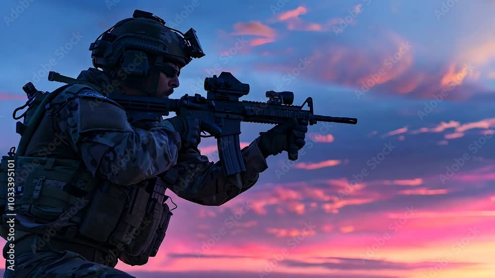 Stock photo of an armed soldier in profile, with a vibrant sunset background, depicting military readiness. AI Stock photo of an armed soldier in profile, with a vibrant sunset background, depicting military readiness. AI