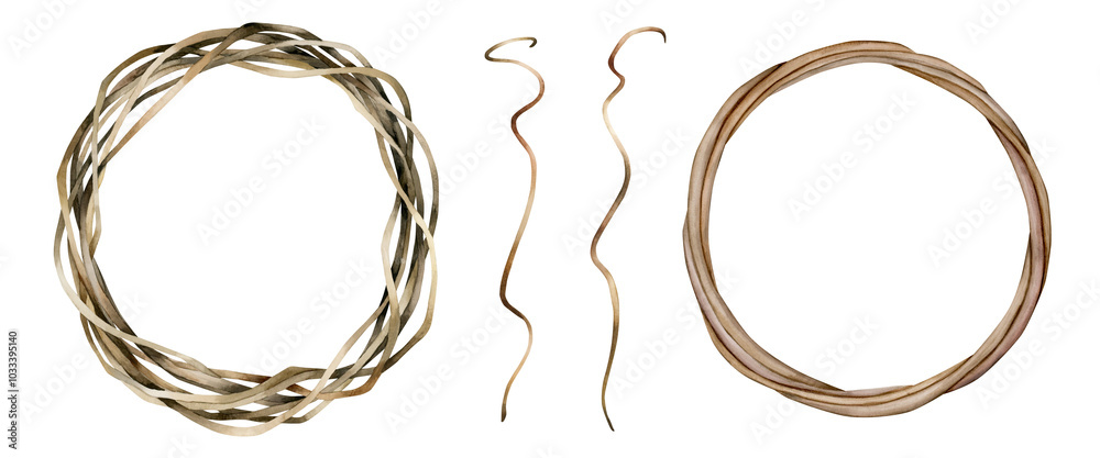 Wooden wicker wreaths of dry willow branches. Boho, rustic decor items. Set of watercolor isolated illustrations Wooden wicker wreaths of dry willow branches. Boho, rustic decor items. Set of watercolor isolated illustrations