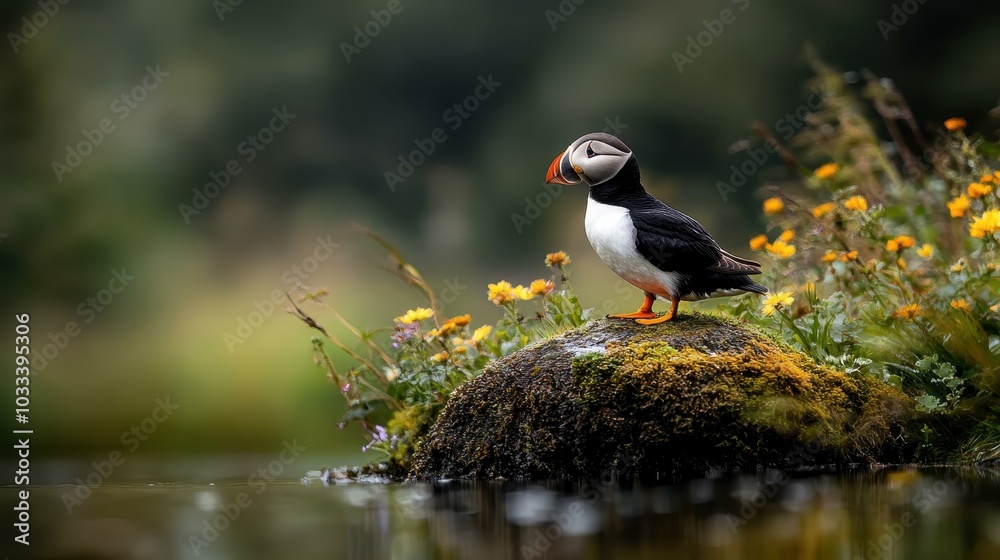 A colorful puffin proudly poses on a moss-covered rock, surrounded by vibrant wildflowers, creating an enchanting scene of nature's innocence and beauty. A colorful puffin proudly poses on a moss-covered rock, surrounded by vibrant wildflowers, creating an enchanting scene of nature's innocence and beauty.