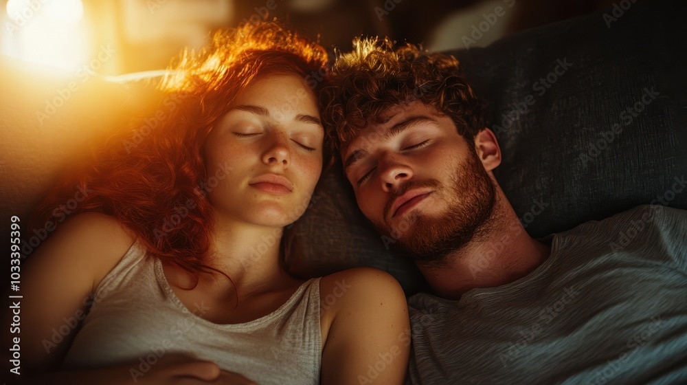 A couple enjoys a restful nap together on a cozy couch, their peaceful expressions captured in warm light, creating a vivid depiction of serenity and tranquility. A couple enjoys a restful nap together on a cozy couch, their peaceful expressions captured in warm light, creating a vivid depiction of serenity and tranquility.