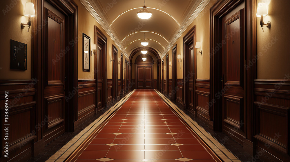 A long corridor with brown doors and terracotta tiles, a classic European-style hotel hallway A long corridor with brown doors and terracotta tiles, a classic European-style hotel hallway