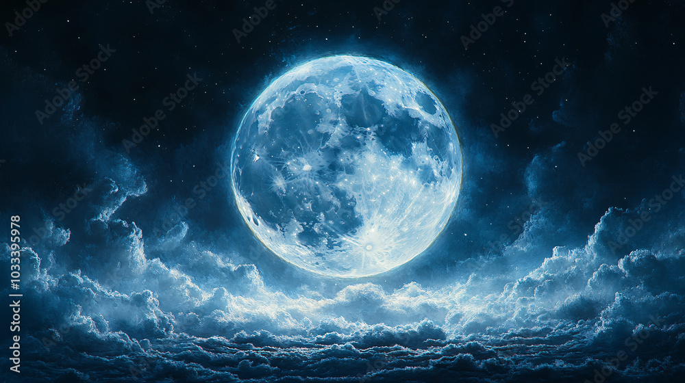 Glowing full moon illuminates the night sky, emerging from fluffy clouds, casting a serene yet haunting glow across a starry backdrop Glowing full moon illuminates the night sky, emerging from fluffy clouds, casting a serene yet haunting glow across a starry backdrop