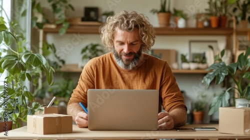 A bearded man wearing a brown shirt works on his laptop in a room filled with lush green plants, creating a peaceful and focused work environment. photo