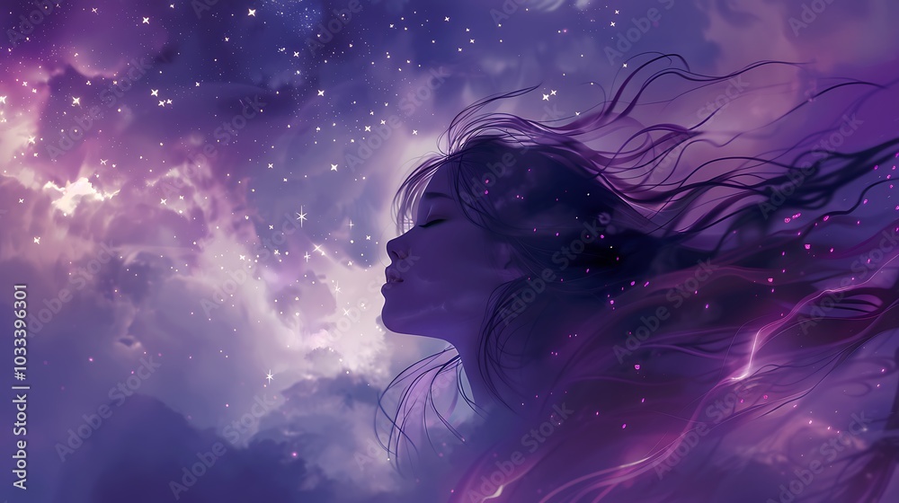 Fototapeta A dreamy illustration of a girl with long flowing hair, gazing up at the stars with soft pastel hues and a gentle glow surrounding her. 8k UHD, suitable for high-quality printing or digital 