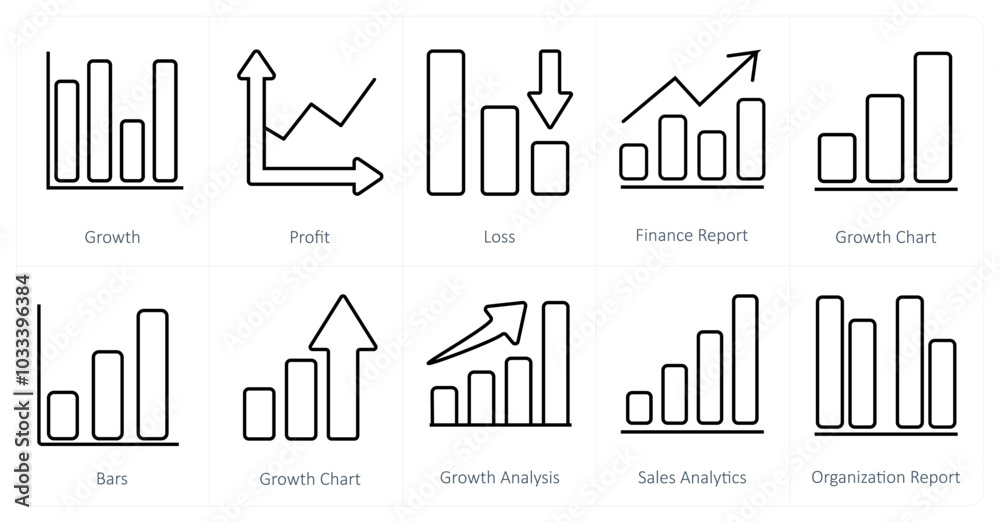 A set of 10 Diagrams and Reports icons as growth, profit, loss