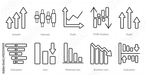 A set of 10 Diagrams and Reports icons as growth, intervals, profit