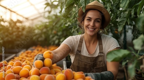 A woman, dressed in a brown apron, is surrounded by fresh apricots in a greenhouse, capturing the essence of diligent farming and bountiful harvest. photo