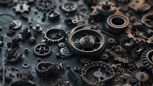 Intricate dismantled mechanical watch with detailed gears and springs on dark background, symbolizing precision and complexity in teardown analysis. photo