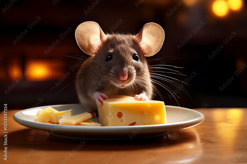 Maus frisst Käse von einem Teller