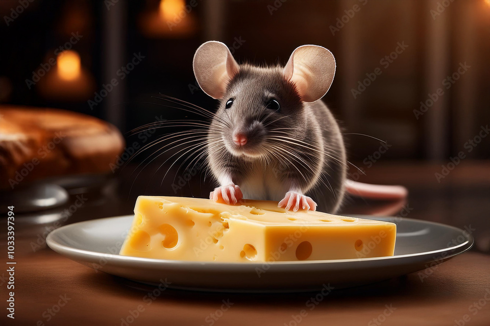 Maus an einem Teller mit Käse