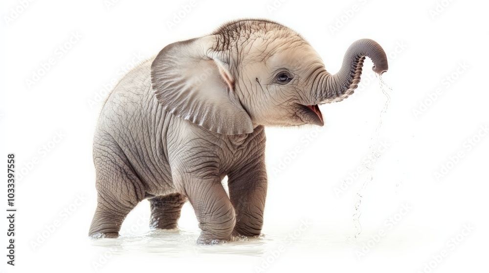 Obraz premium Cute baby elephant playing with water, realistic detail and texture, soft lighting, isolated on a white background