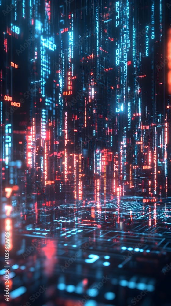 Fototapeta premium 32. Conceptual illustration of digital leads as floating numbers in a cyberspace grid, neon lines flowing through the scene, deep futuristic tones 