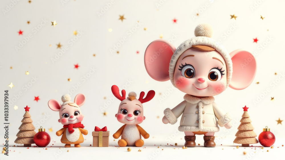 Fototapeta premium Funny, cute, New Year cartoon characters on a white background. Free space for text.
