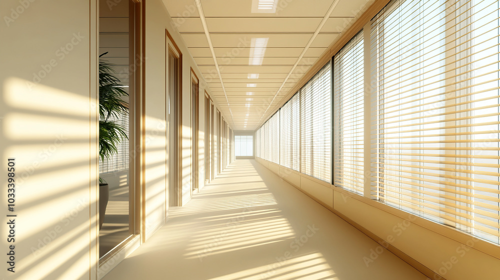Obraz premium A long hallway in an office building with large windows and doors