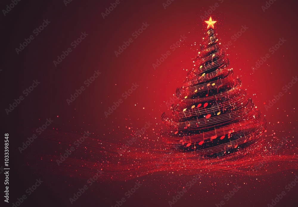 Festive Christmas tree made of musical notes on a vibrant red background with sparkling lights and a bright star on top, evoking harmony and celebration during the holiday season Festive Christmas tree made of musical notes on a vibrant red background with sparkling lights and a bright star on top, evoking harmony and celebration during the holiday season
