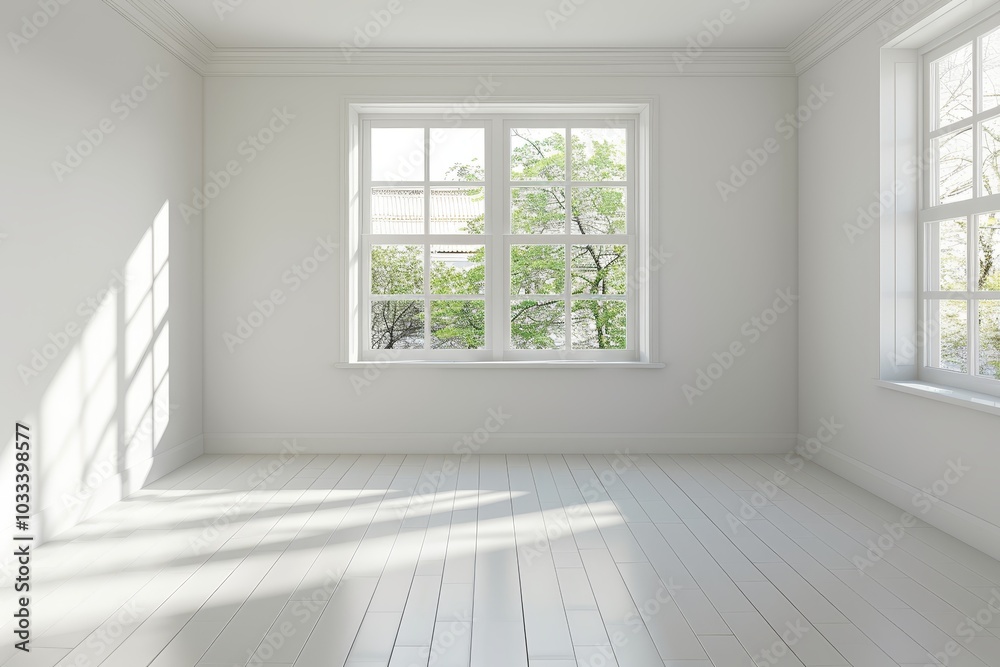 Bright minimalist room with sunlit window and hardwood floor.