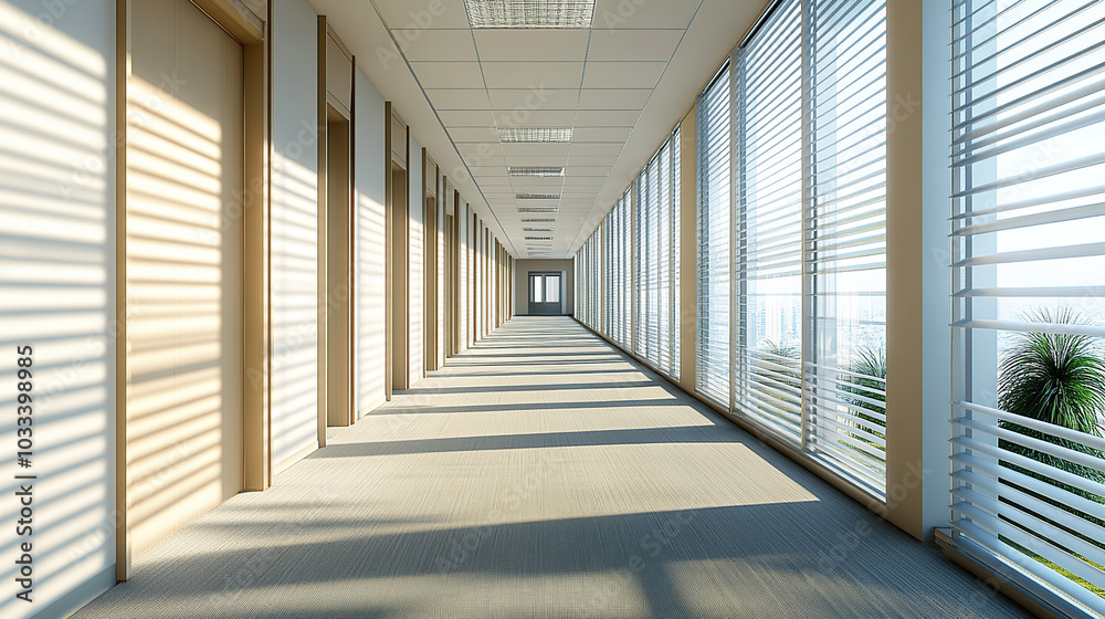 Obraz premium A long hallway in an office building with large windows and doors