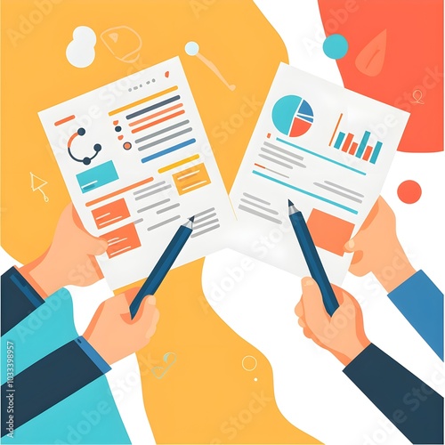 Business customer feedback evaluation summary flat design top view cute performance analysis theme cartoon drawing Split-complementary color scheme 