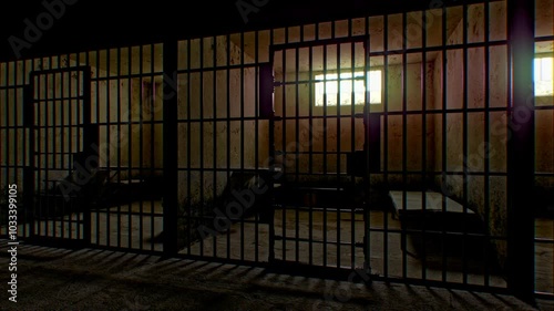 A sparse prison cell symbolizes the long-term consequences of a court sentence. The concept captures the harsh reality of incarceration in a minimalistic space.