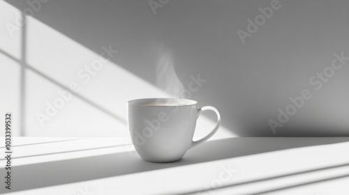 Minimalist coffee cup with steam rising, beautifully lit, shadow casting on a white surface, simple and elegant