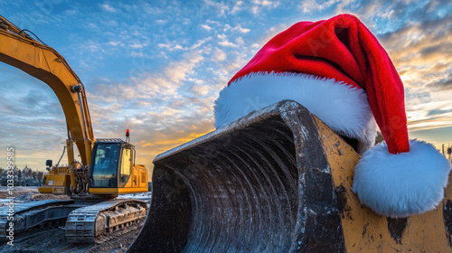 Santas hat on an excavator, Christmas promotion for construction works and machinery