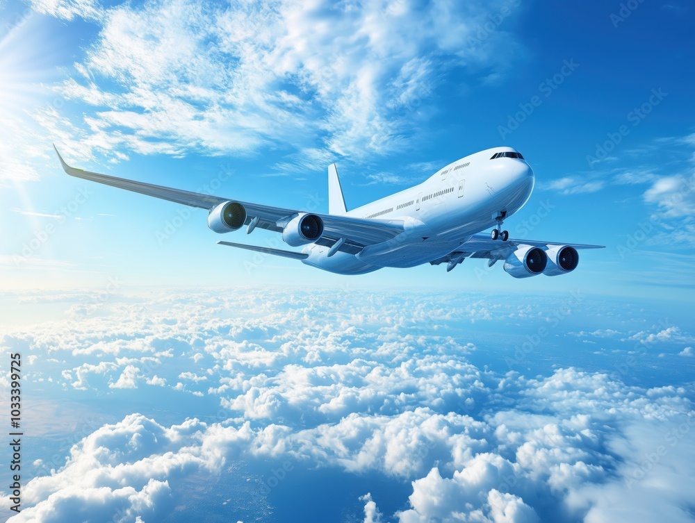 Airplane flying high above clouds on a clear blue sky day. Airplane flying high above clouds on a clear blue sky day.