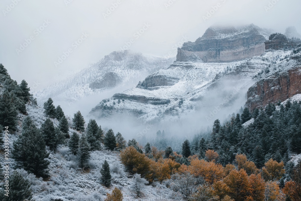 A misty mountain landscape with snow-capped peaks, evergreen trees, and a few fall-colored deciduous trees. A misty mountain landscape with snow-capped peaks, evergreen trees, and a few fall-colored deciduous trees.