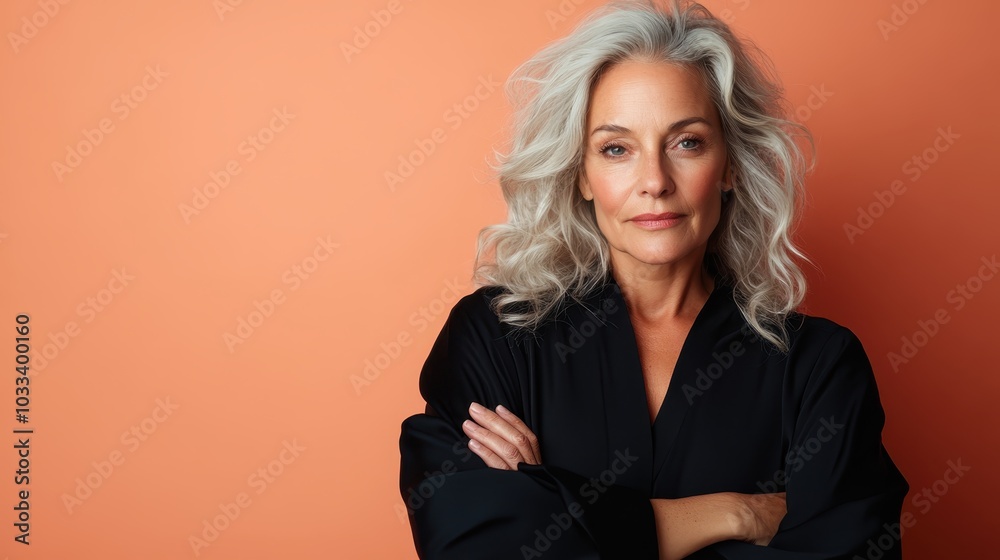 A mature, elegant woman with gray hair stands confidently against an orange background, wearing a black top, exuding poise and self-assurance in her expression.