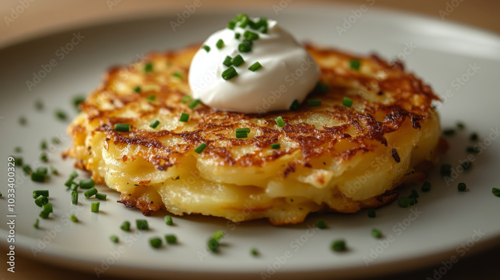 A crispy potato pancake topped with sour cream and chives. A crispy potato pancake topped with sour cream and chives.