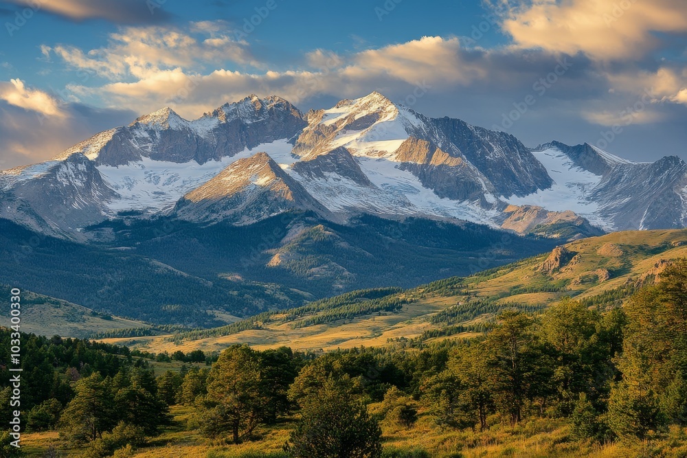 A majestic mountain range with snow-capped peaks, lush green valleys, and a vibrant blue sky.