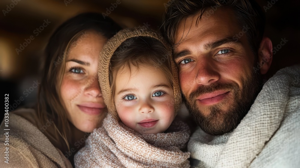A heartwarming family scene depicting a mother, father, and daughter, all bundled up in cozy sweaters and a knitted blanket, radiating warmth and familial love.