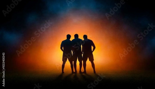 A dynamic silhouette of three athletes standing confidently against an intense, colorful background, embodying teamwork and determination.