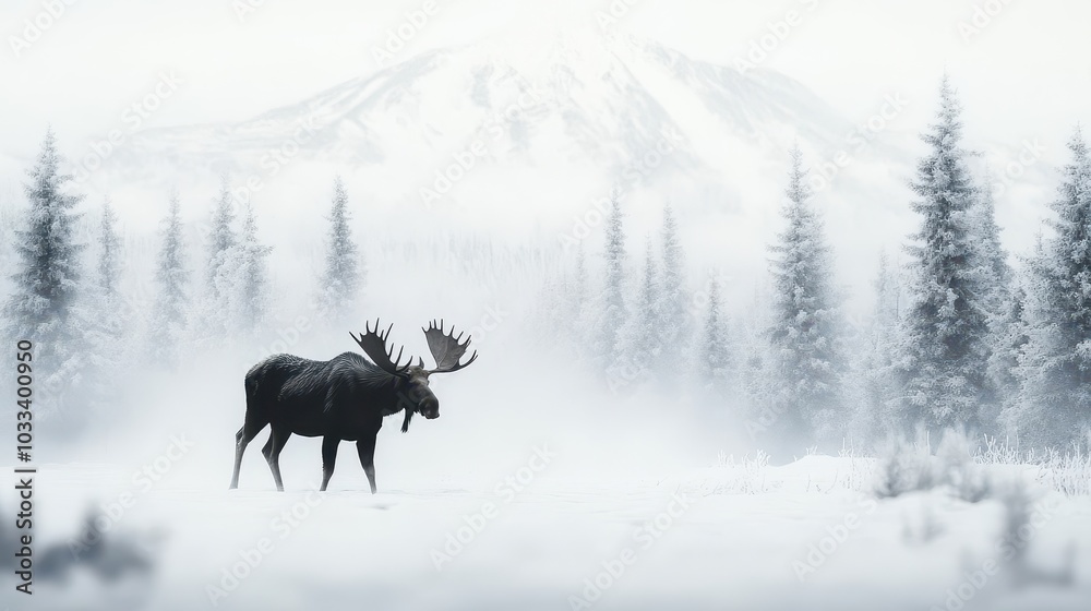 A majestic moose stands alone in a serene winter landscape, surrounded by snow-covered trees and mountains in the background. A majestic moose stands alone in a serene winter landscape, surrounded by snow-covered trees and mountains in the background.
