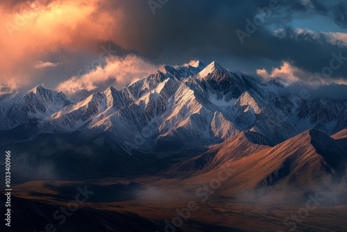 Majestic snow-capped mountain range with dramatic clouds at sunset. photo