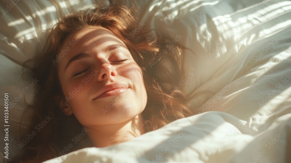 A joyful woman with closed eyes is enjoying a peaceful morning in bed, enveloped in warm sunlight, conveying a sense of tranquility and happiness. A joyful woman with closed eyes is enjoying a peaceful morning in bed, enveloped in warm sunlight, conveying a sense of tranquility and happiness.