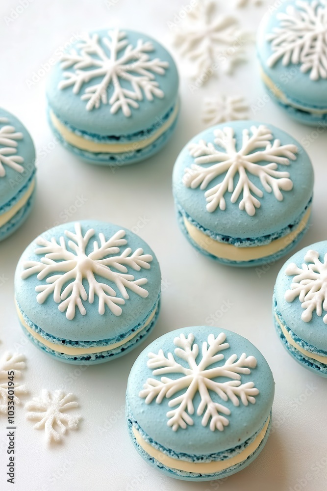 Delicious blue macarons with white snowflake decorations on a light background. Delicious blue macarons with white snowflake decorations on a light background.