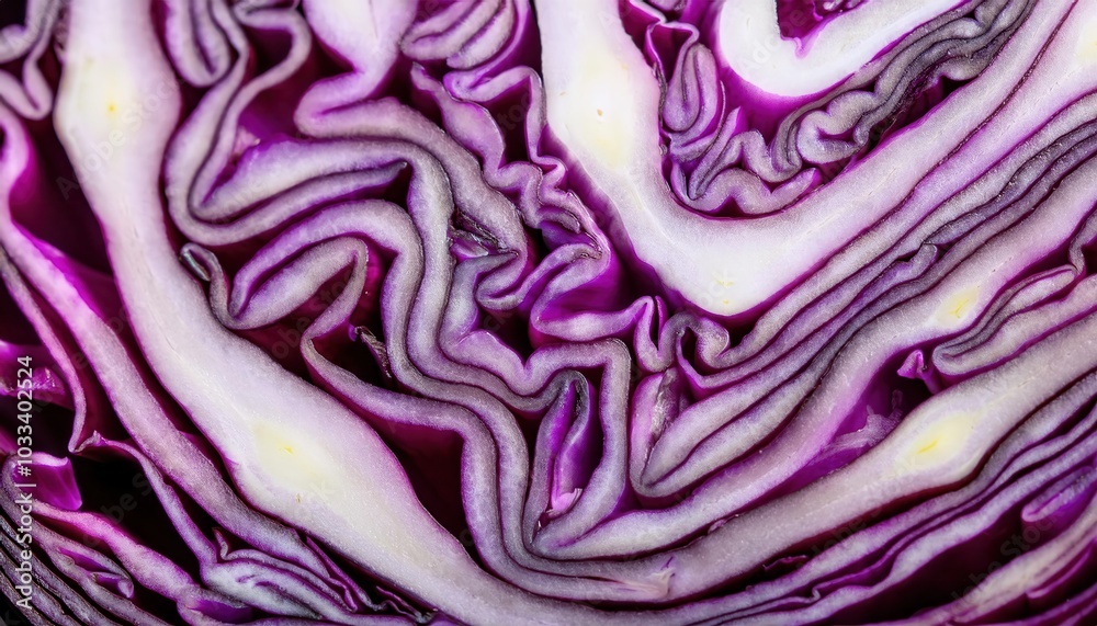 Close-Up of Vibrant Purple Cabbage Cross Section Showcasing Intricate Layers of Fresh Organic Produce for Health and Nutrition Concepts, Cooking Ingredients, or Nature Inspired Abstract Art