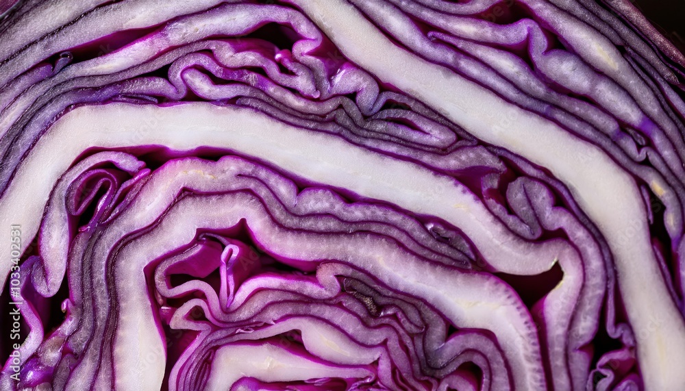 Close-Up of Vibrant Purple Cabbage Cross Section Showcasing Intricate Layers of Fresh Organic Produce for Health and Nutrition Concepts, Cooking Ingredients, or Nature Inspired Abstract Art Close-Up of Vibrant Purple Cabbage Cross Section Showcasing Intricate Layers of Fresh Organic Produce for Health and Nutrition Concepts, Cooking Ingredients, or Nature Inspired Abstract Art