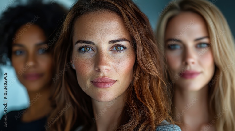 A striking image of a confident woman in sharp focus, flanked by two women in the background, emphasizing individuality and support. A striking image of a confident woman in sharp focus, flanked by two women in the background, emphasizing individuality and support.