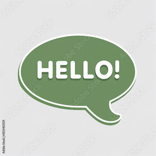 Green speech bubble with the word "HELLO!" in bold white letters on a light background