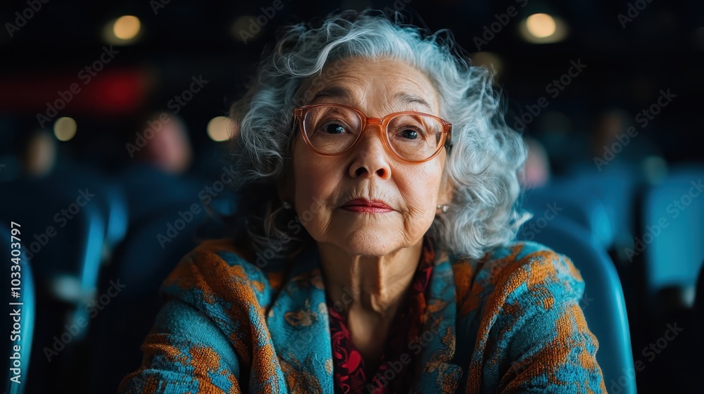 An elderly woman wears an orange jacket and glasses while attentively observing an event, highlighting her wisdom and deep concentration. An elderly woman wears an orange jacket and glasses while attentively observing an event, highlighting her wisdom and deep concentration.