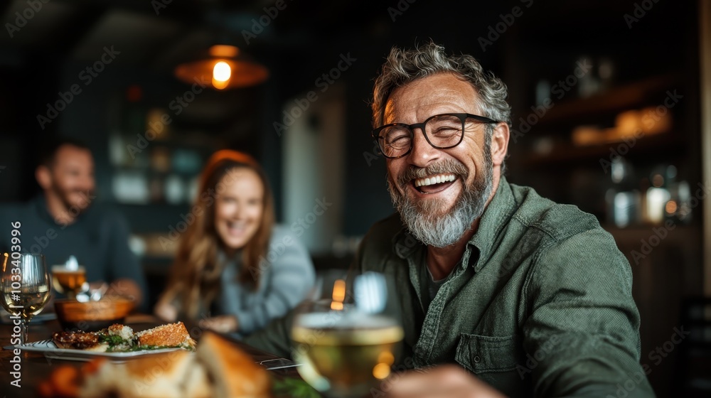 A joyful man with glasses drinks wine at a dinner table, surrounded by friends, enjoying a lively and cozy dinner setting filled with laughter and warmth. A joyful man with glasses drinks wine at a dinner table, surrounded by friends, enjoying a lively and cozy dinner setting filled with laughter and warmth.