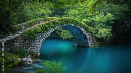 A stone arch bridge covered in moss spans a crystal-clear blue lake in a lush forest.