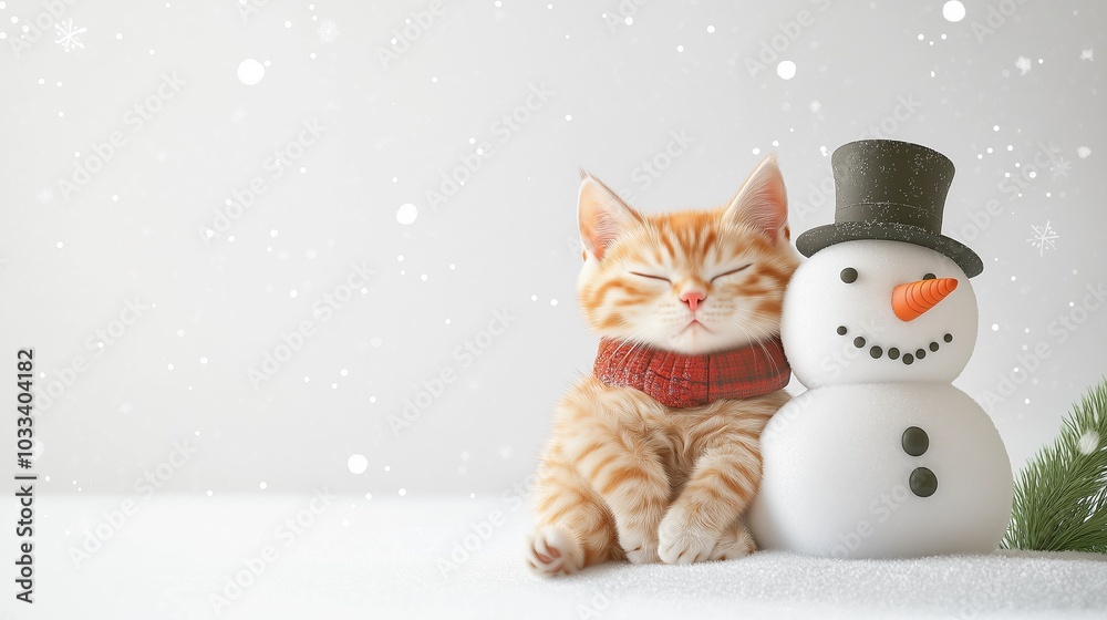 A cheerful cartoon cat enjoying winter beside a snowman during a snowy festive season A cheerful cartoon cat enjoying winter beside a snowman during a snowy festive season