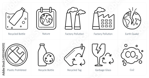 A set of 10 Ecology icons as recycled bottle, nature, factory pollution